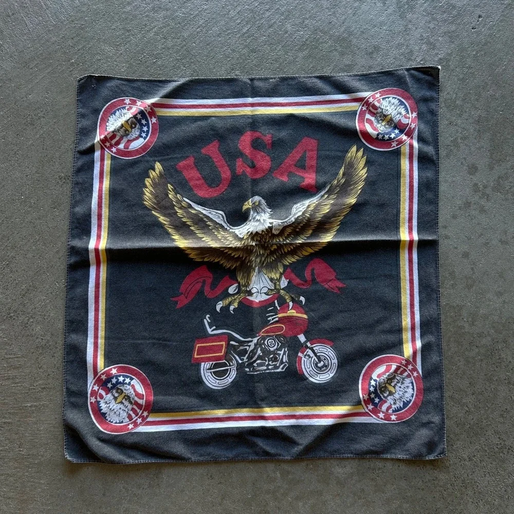 Vintage USA Bandana Adult 20x21 Faded Black Cotton Eagle Shield Biker 80s